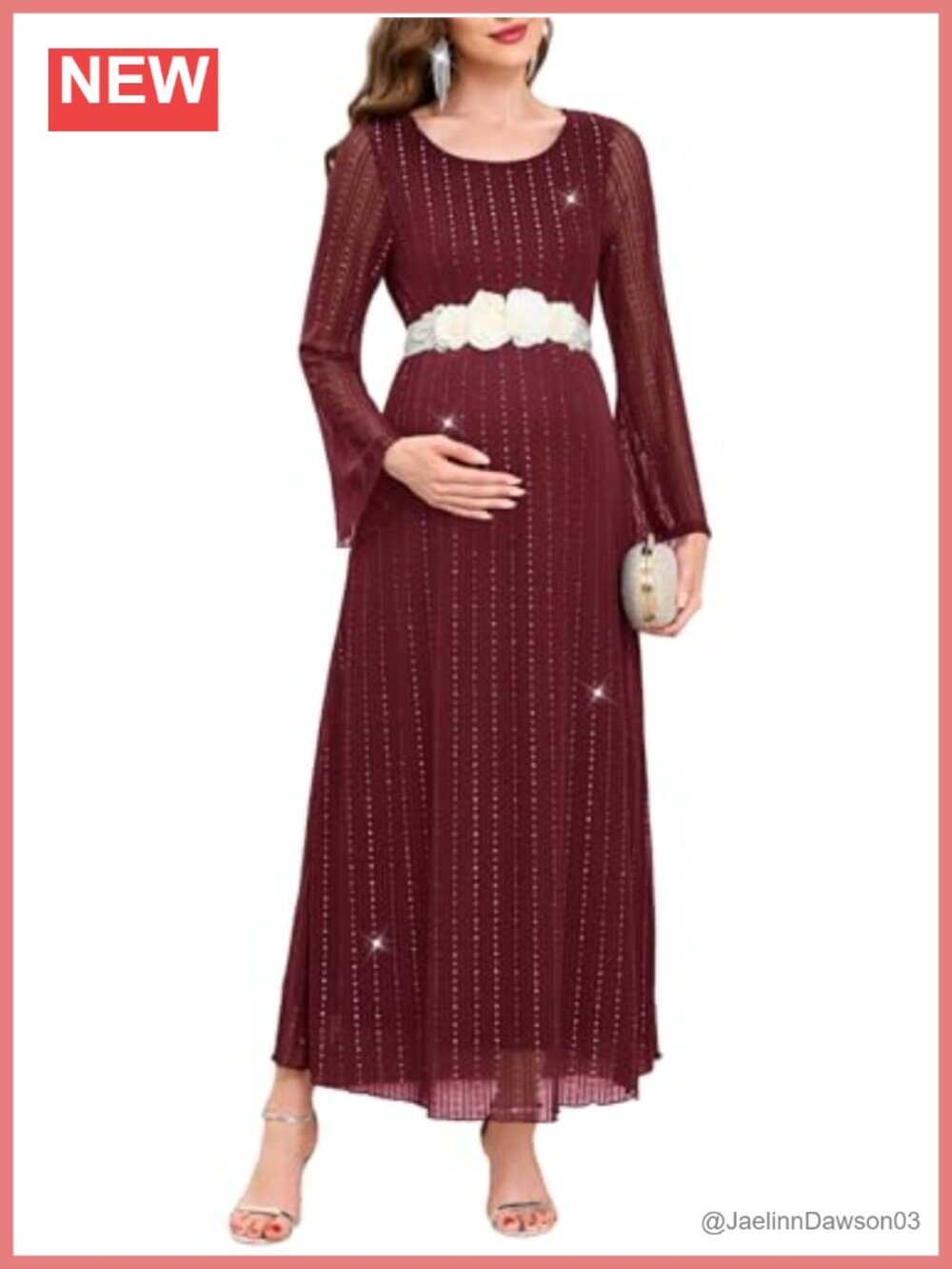 Maternity Sparkly Mesh Maxi Dress Long Sleeve A-Line Baby Shower Semi Formal